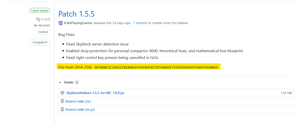Screenshot of the release page for SkyblockAddons v1.5.5 with the file hash highlighted