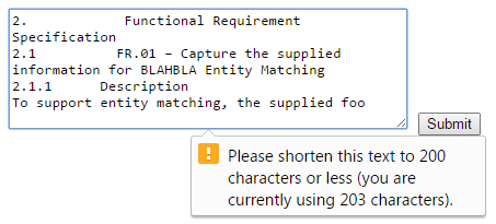 HTML validation error reporting we have entered 203 characters