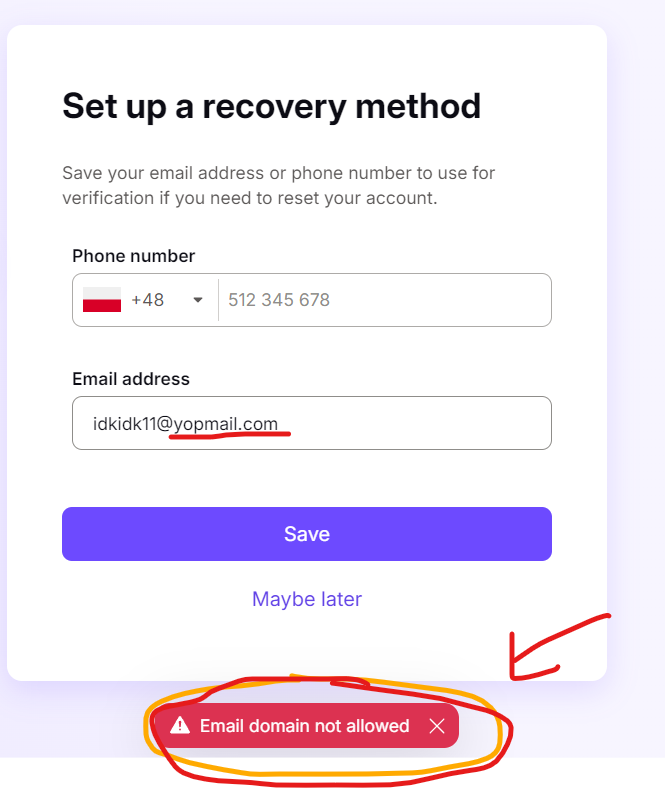 Proton Yopmail not allowed on recovery, but allowed on signup for verification.png