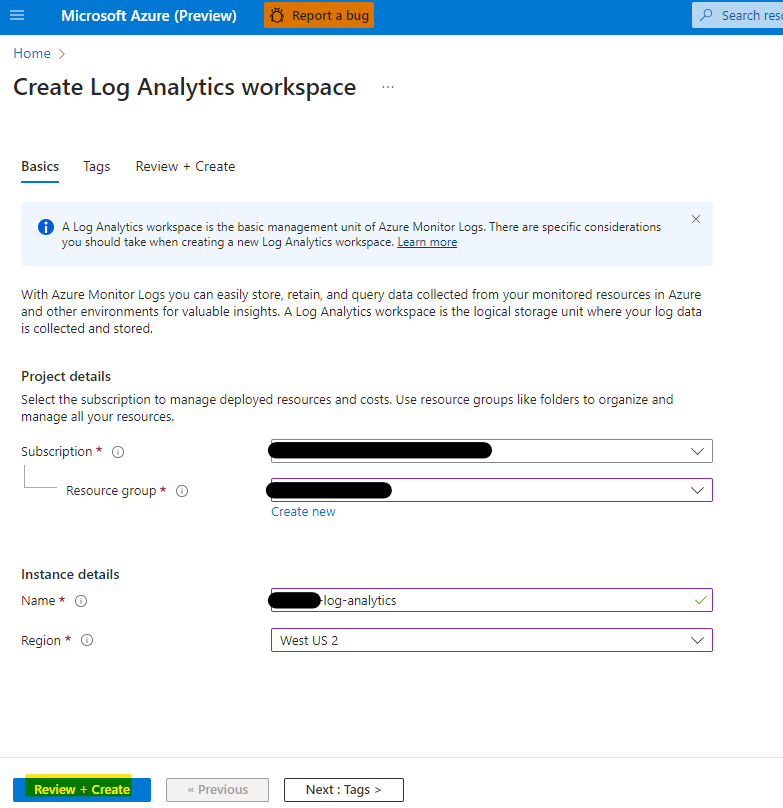 Create Log Analytics Workspace