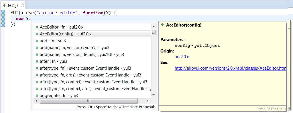 Completion for YUI Class AceEditor