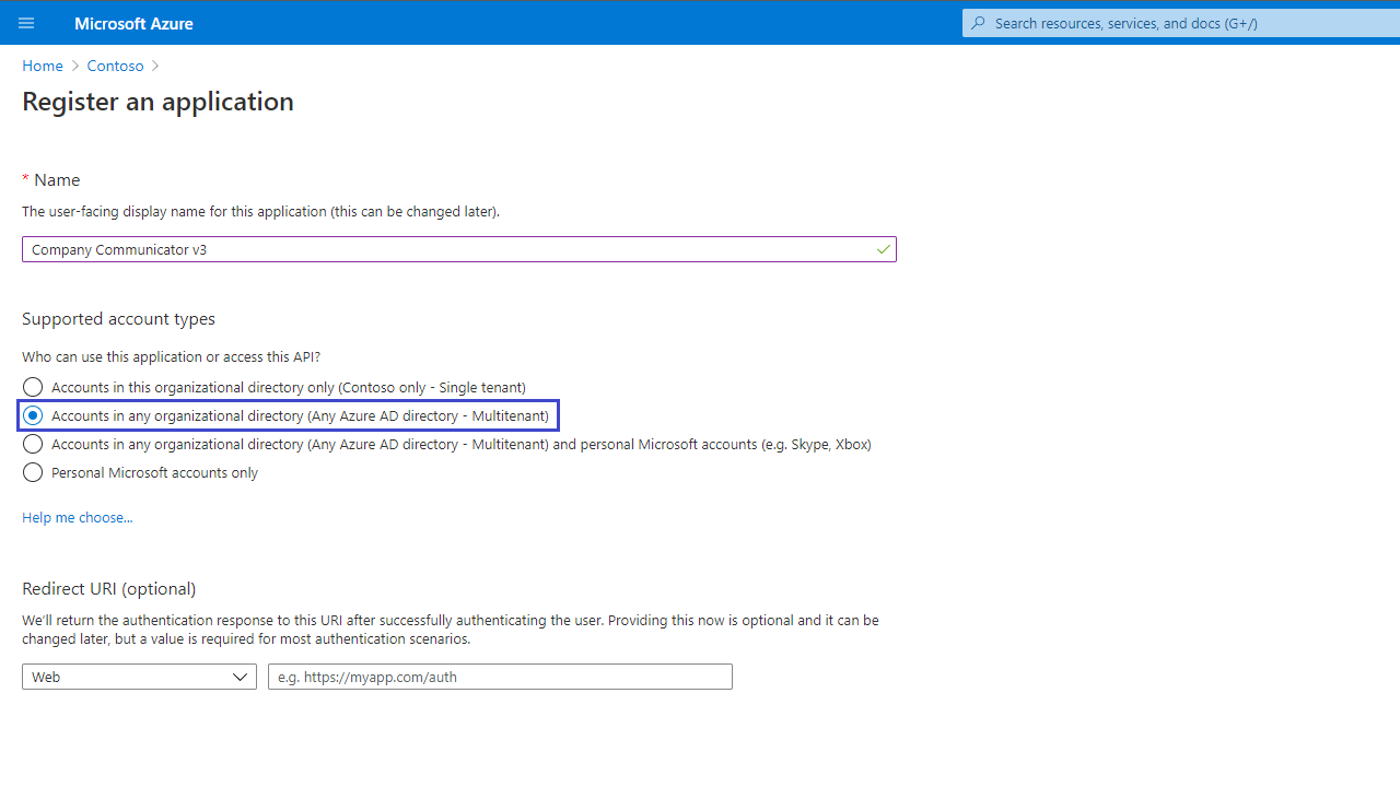 Azure AD app registration page