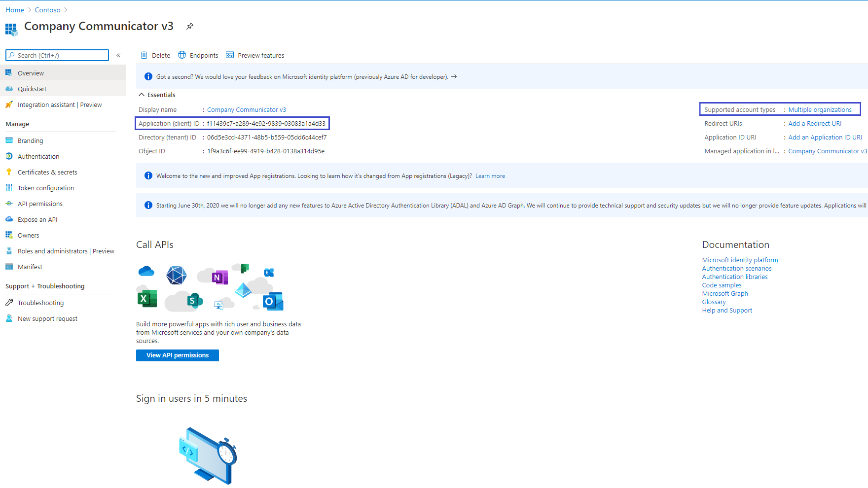 Azure AD app overview page