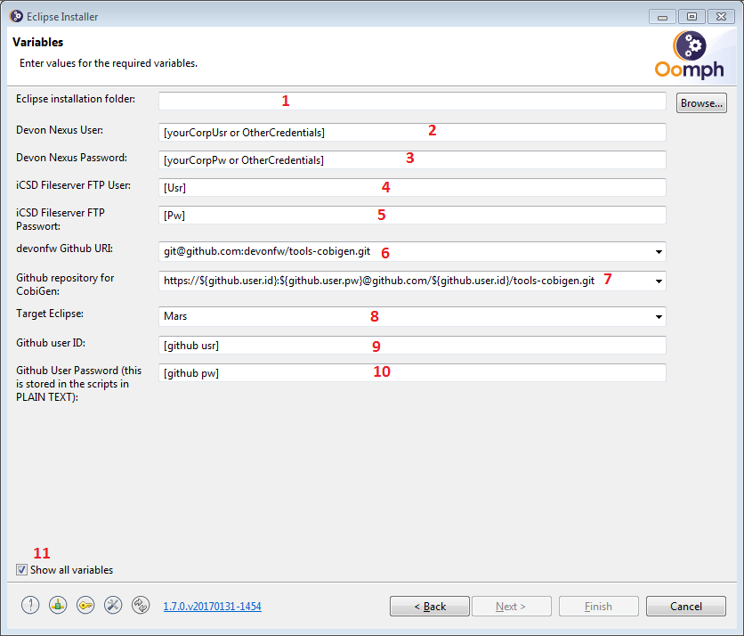 Variable page of the installer