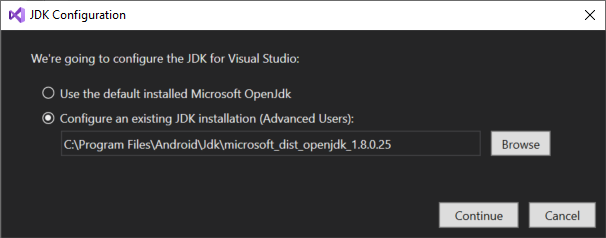 Visual Studio 2019 JDK Configuration Dialog