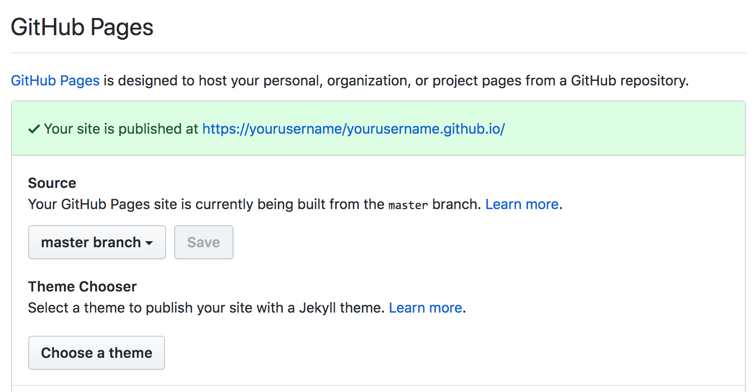 In the Settings tab under GitHub Pages, the banner indicates that your page has been published