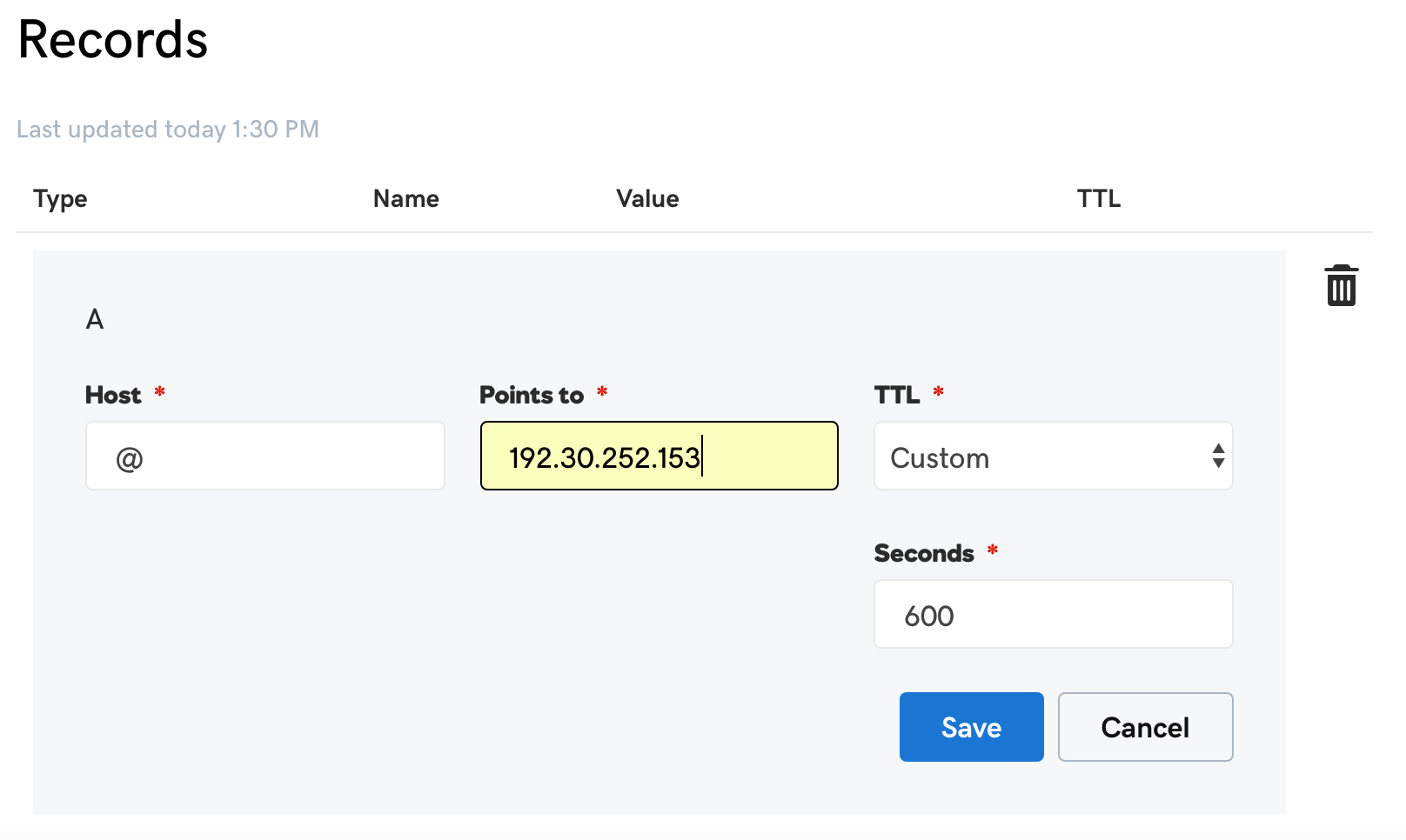 Edit the A record with the IP address for GitHub's servers