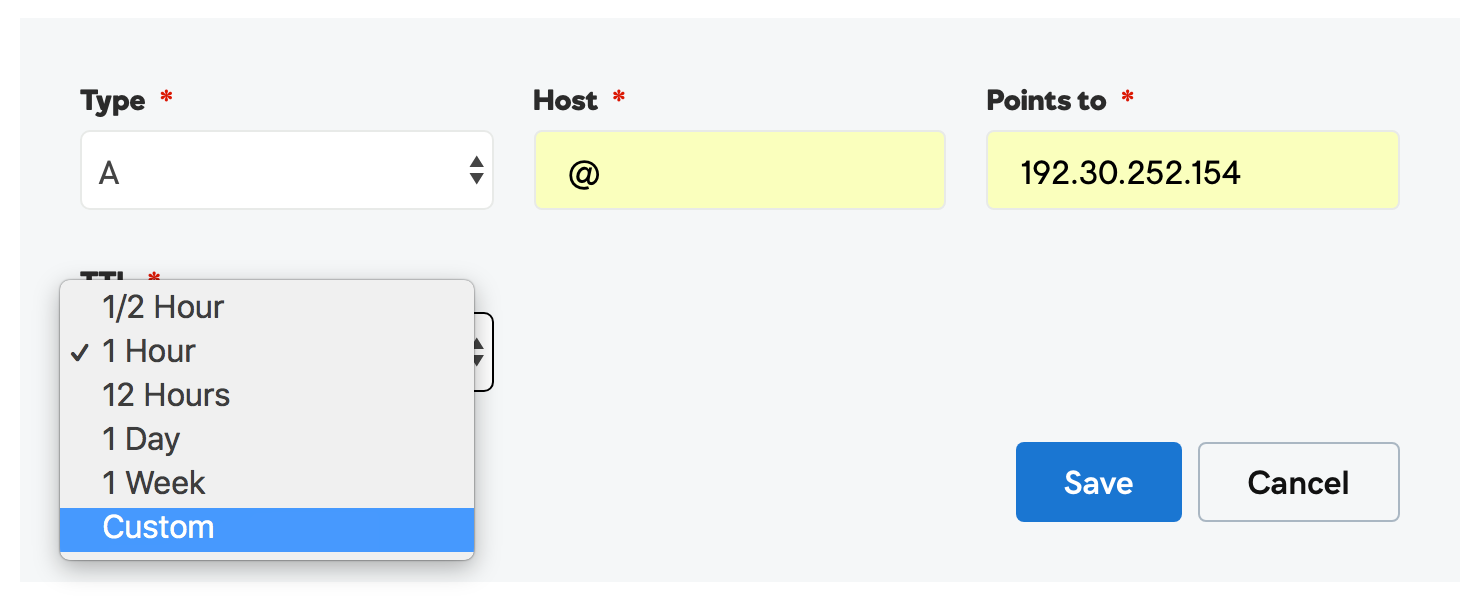 Edit the A record with the IP address for GitHub's servers