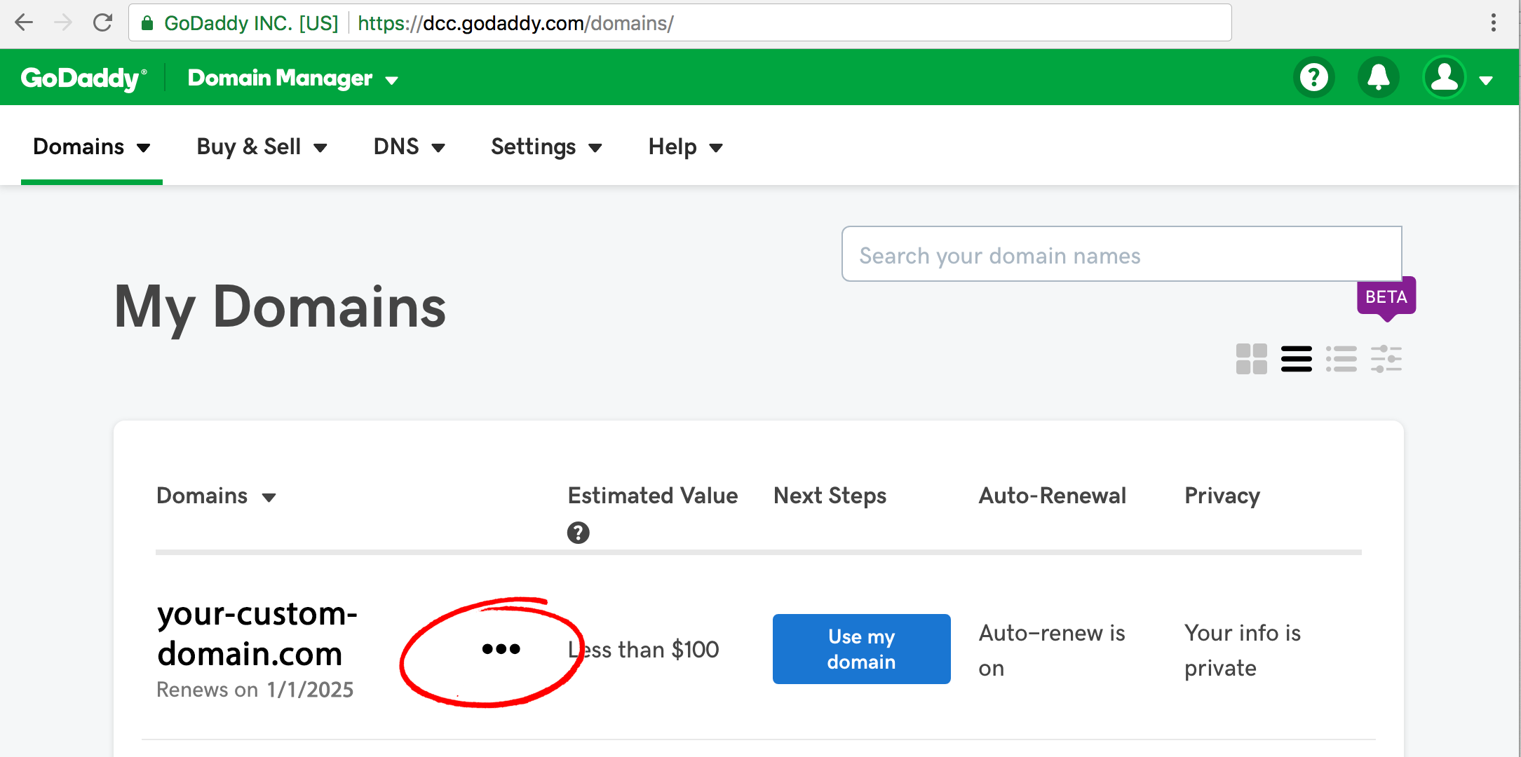 From My Domains, click the link that appears as an ellipsis