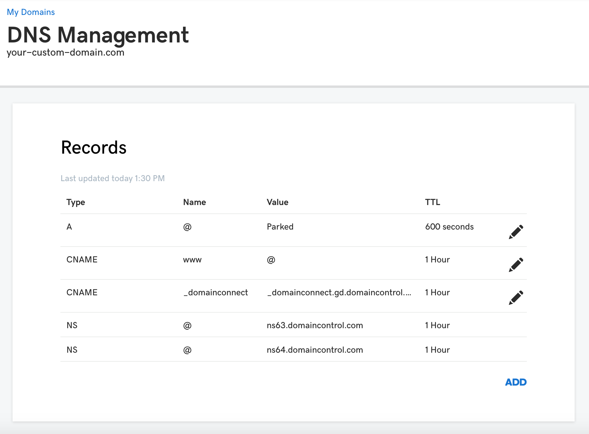 The DNS Management page for your custom domain