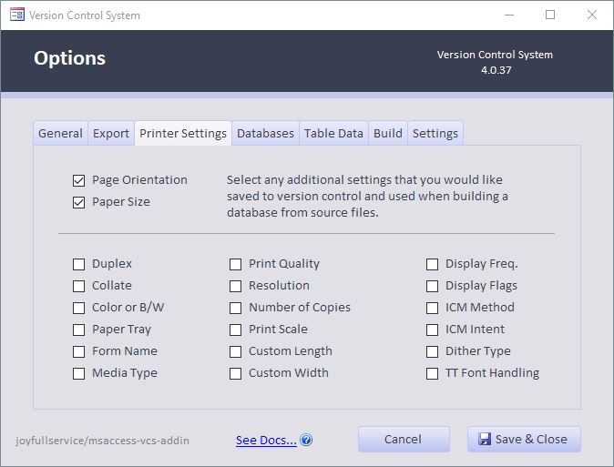 Printer Settings Options Screen Image