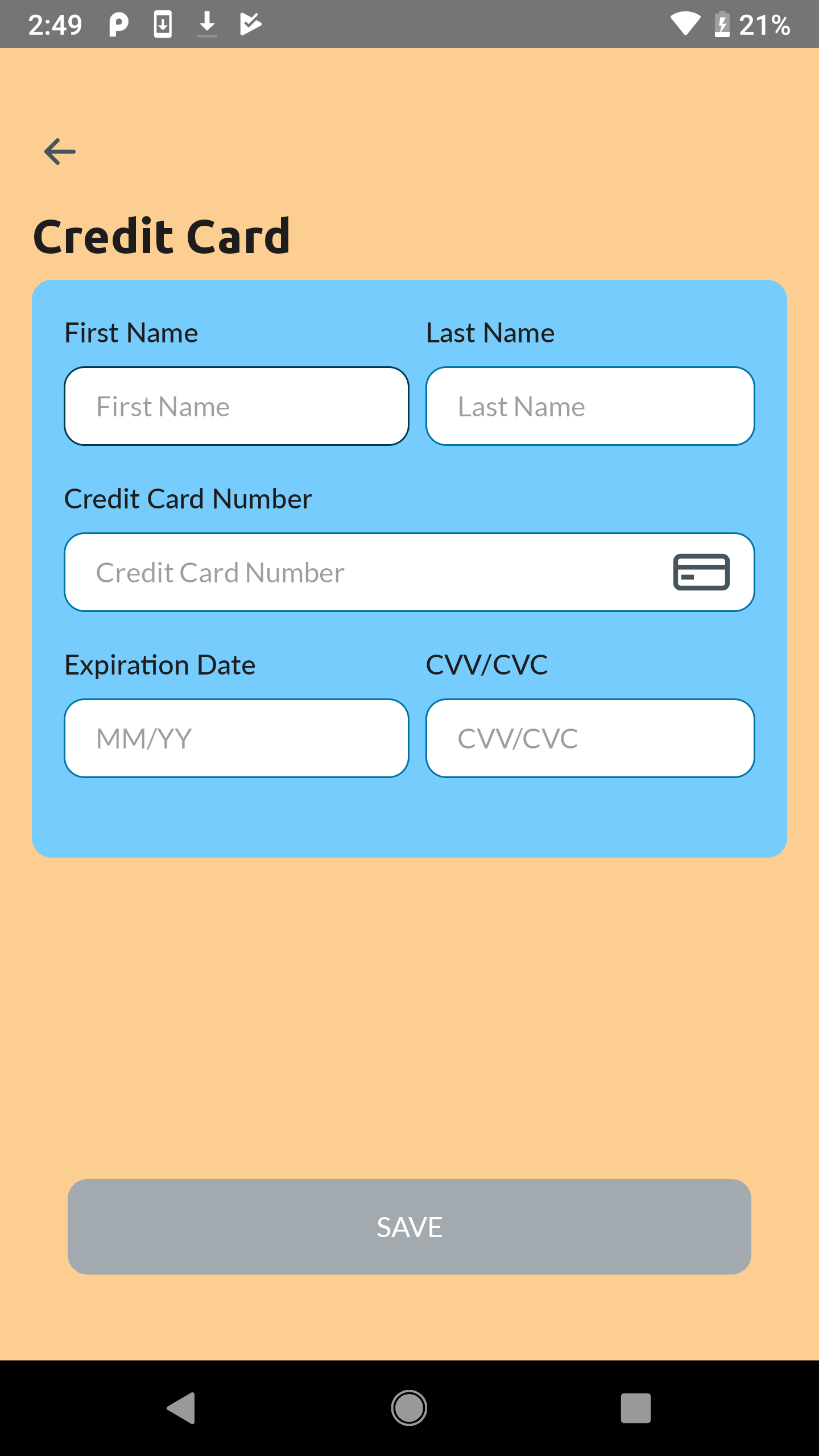 Credit Card Customized Screen