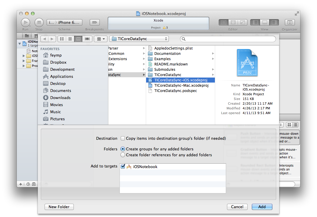 Adding the TICoreDataSync-iOS Xcode project to the Notebook project
