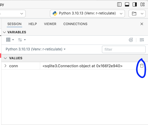 Variables pane showing a connection object