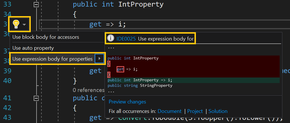 Visual Studio Bulb - Use expression body for properties