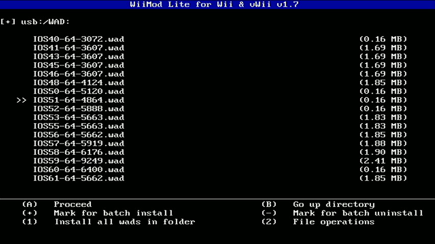 WiiMod Lite interface showing all IOS files in wad/ directory